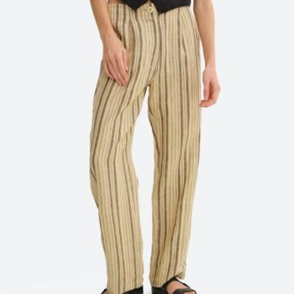 NWT, MATE Beige and Brown Hi-Rise Striped Organic Linen Tailored Pants- Size S